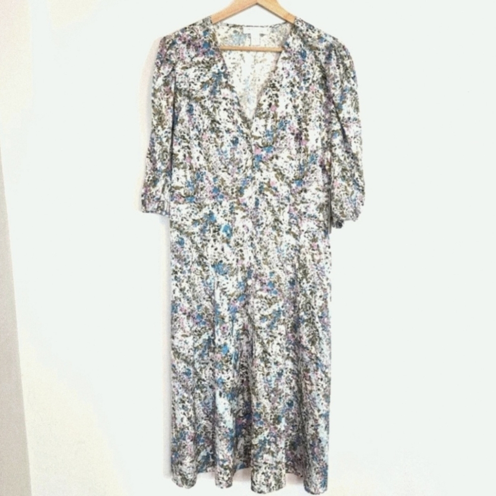 NWT Nordstrom Signature Silk V Neck Button Front Puff Sleeve Floral Dress Size 6